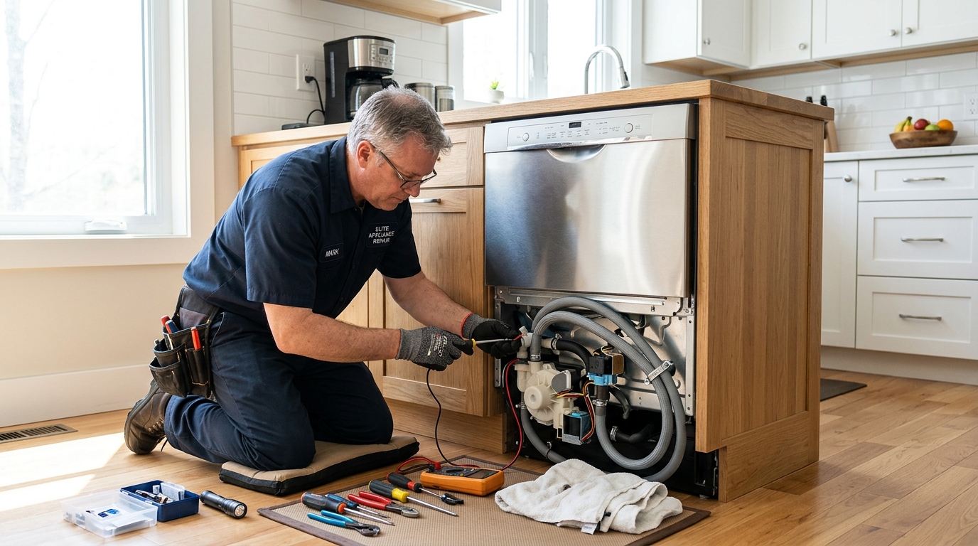 Technician fixing dishwasher pump and drainage lines