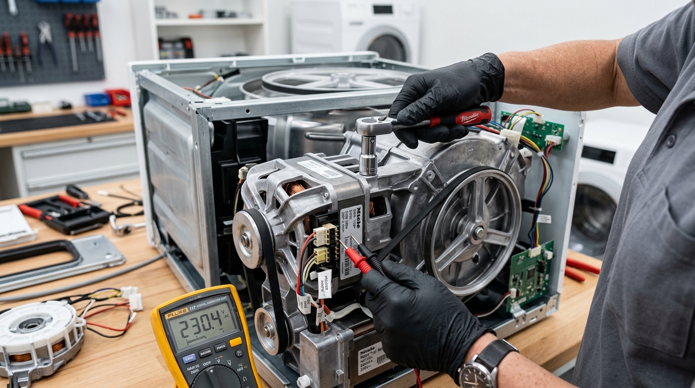 Technician disassembling appliance motor using socket wrench and multimeter