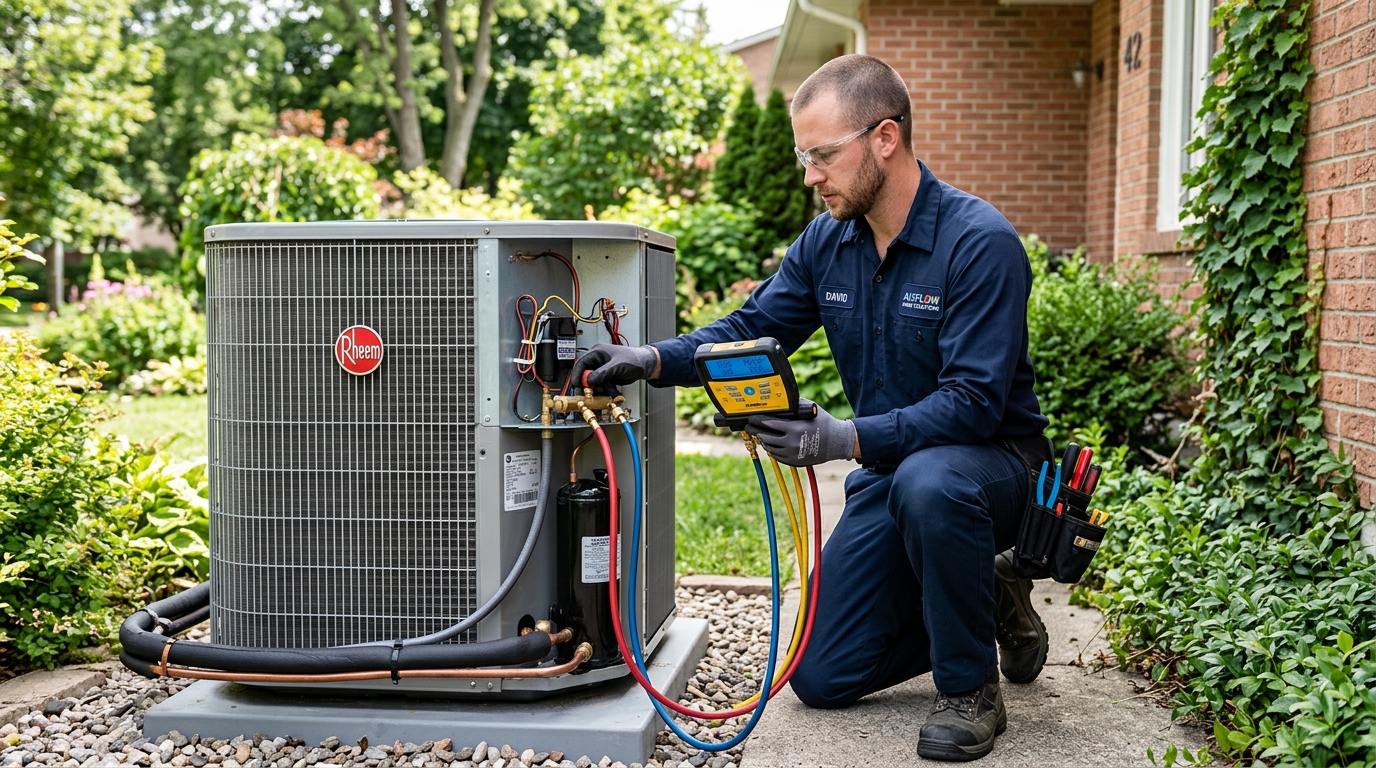 HVAC technician holding pressure gauges on outdoor air conditioning condenser unit