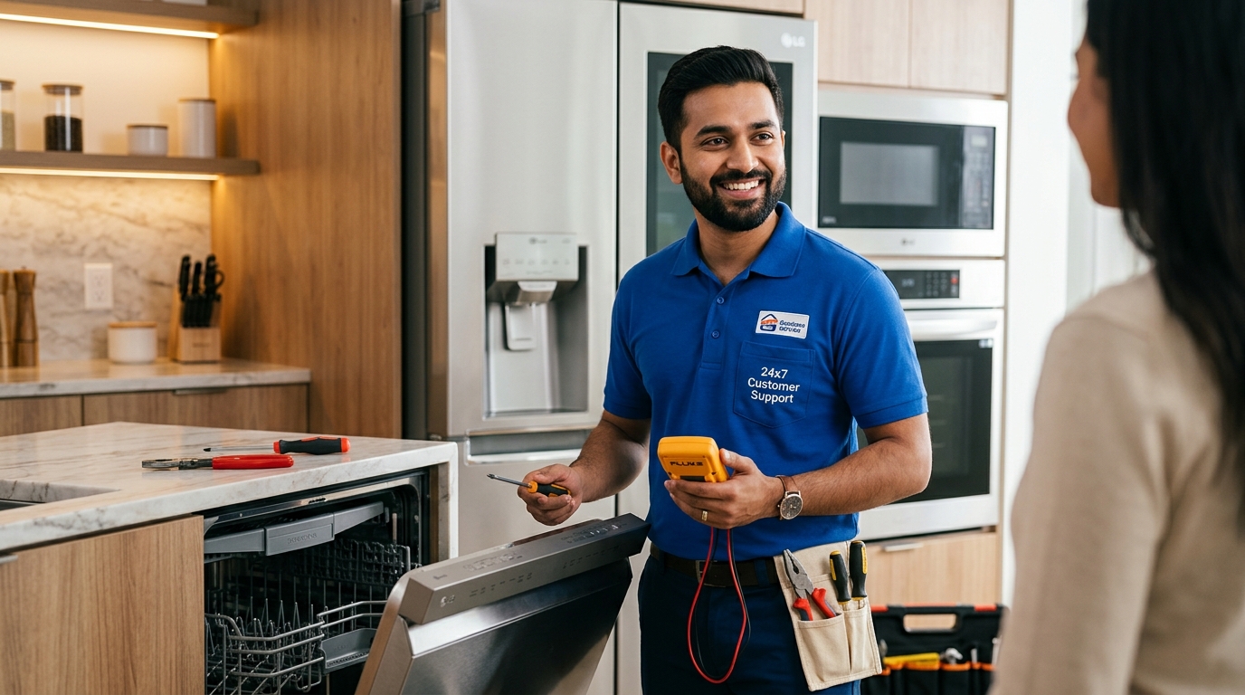 Technician inspecting home appliance with electronic multimeter and tools