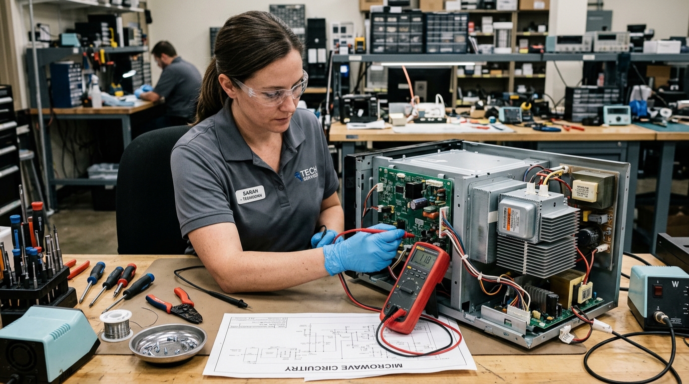 Technician troubleshooting microwave magnetron and circuit