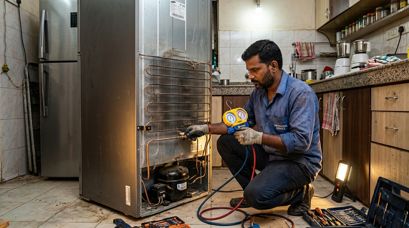 Technician diagnosing refrigerator compressor and gas lines