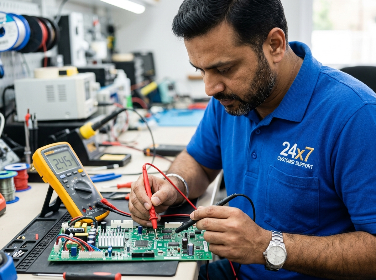 Technician diagnosing circuit board with precision digital meter