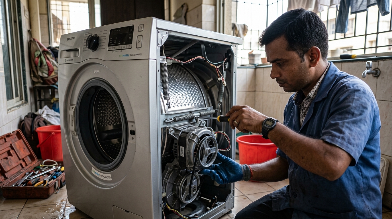 Technician repairing front load washing machine motor drum
