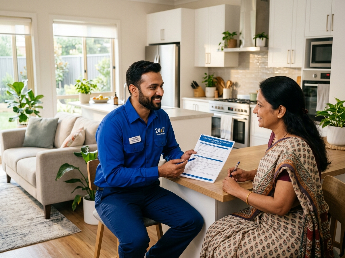 24x7 Customer Support technician explaining inspection report to customer